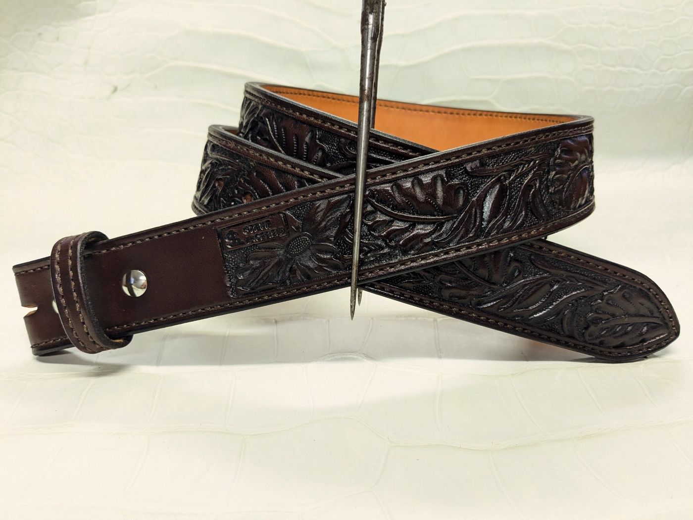 Dark brown floral carved leather belt