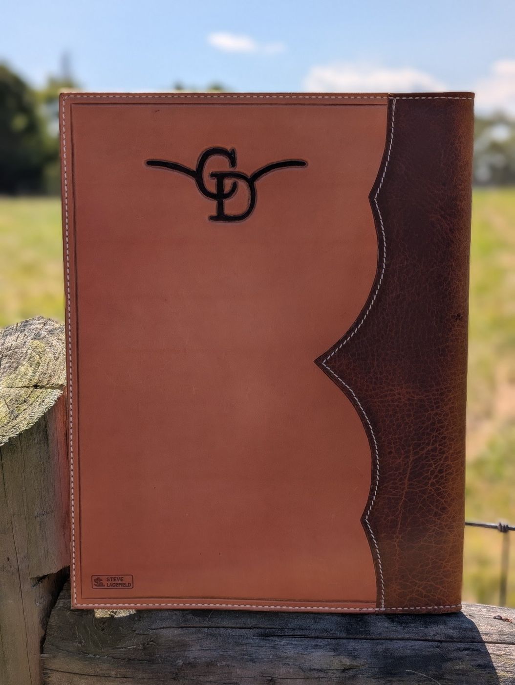 Tooled leather padfolio back with longhorn brand