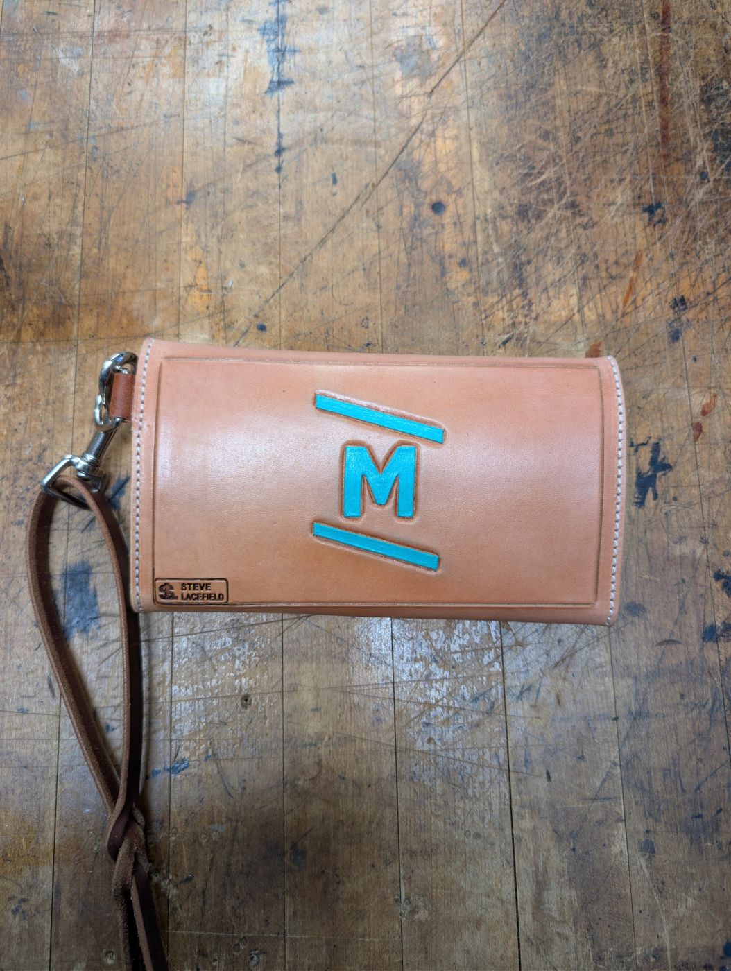 Leather clutch with turquoise painted initial